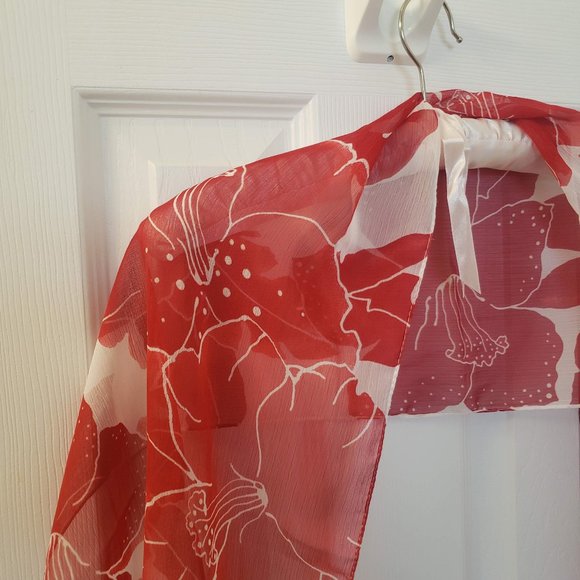 Pair of Scarves Floral Flowers Red Thin Sheer Wrap - Picture 13 of 14